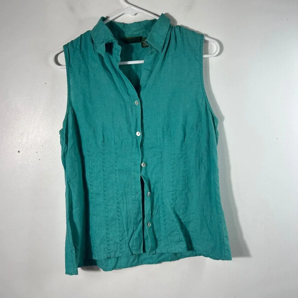 Mountain Lake Sleeveless Linen Button Shirt Green M Embroidered Details